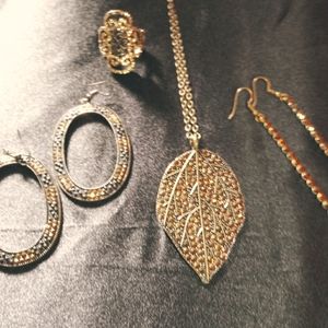Gold Leaf Necklace Sets W/Earrings, Ring